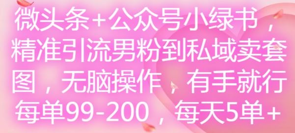 微头条+公众号小绿书，精准引流男粉到私域卖套图，无脑操作，有手就行，每单99-200，每天5单-网创项目