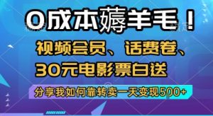0成本薅羊毛!视频会员、话费卷、30元电影票白送，分享我如何靠转卖一天变现5张+【揭秘】-网创项目