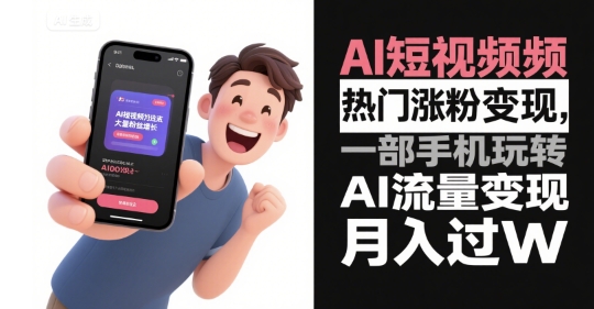 AI短视频热门涨粉变现，一部手机玩转AI流量变现，月入过W-网创项目
