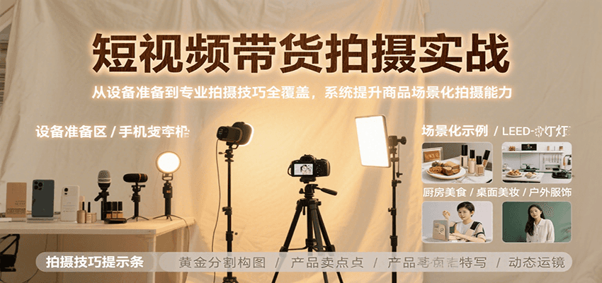 短视频带货拍摄实战，从设备准备到专业拍摄技巧全覆盖，系统提升商品场景化拍摄能力-网创项目