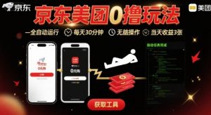 京东美团平台最新0撸玩法，全自动挂G，每天30分钟，无脑操作，当天收益3张【揭秘】-网创项目
