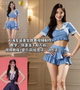 AI海军装美女跳舞视频制作教学，快速涨千粉万粉，视频教程+提示词(绘图词、动作词)-网创项目