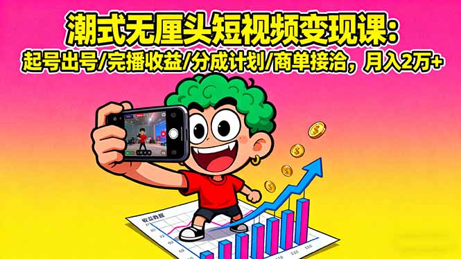 潮式无厘头短视频变现课：起号出号/完播收益/分成计划/商单接洽，月入2万+-网创项目