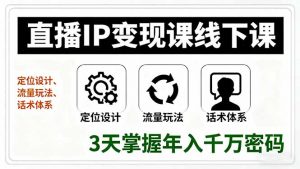 直播IP变现课线下课，定位设计、流量玩法、话术体系，3天掌握年入千万密码-网创项目