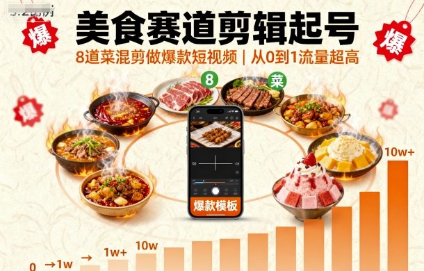 美食赛道剪辑起号，8道菜混剪做爆款短视频，从0到1，流量超高-网创项目