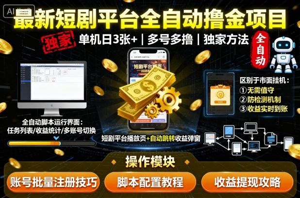 最新短剧平台全自动挂G撸金项目，单机一天3张+，多号多撸，区别于市面所有挂机项目，独家方法【揭秘】-网创项目