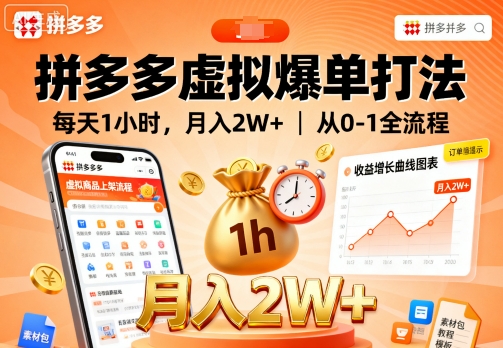 拼多多虚拟爆单打法，每天1小时，月入2W+，从0-1全流程-网创项目