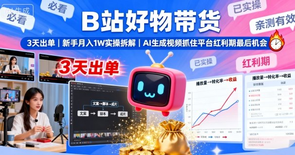 B站好物带货，3天出单，新手月入1W实操拆解，AI生成视频，抓住平台红利期最后机会-网创项目