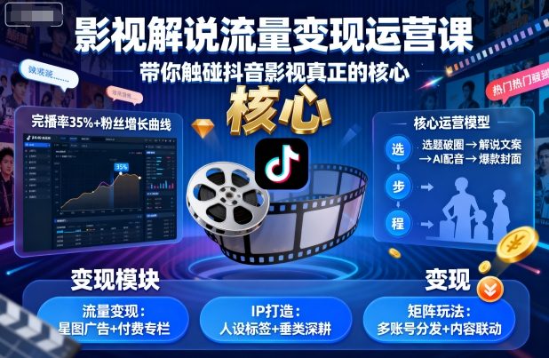 影视解说流量变现运营课，带你触碰抖音影视真正的核心-网创项目