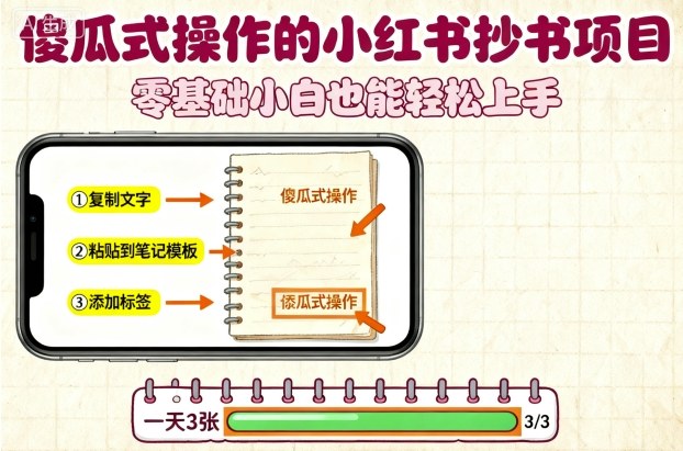 傻瓜式操作的小红书抄书项目，会复制粘贴就行，零基础小白也能一天3张-网创项目