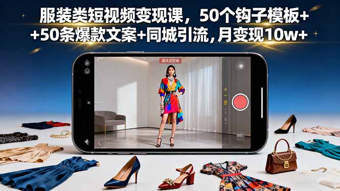 服装类短视频变现课，50个钩子模板+50条爆款文案+同城引流，月变现10w+-网创项目