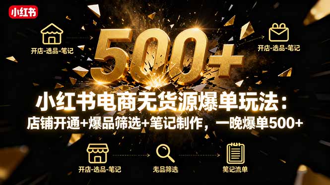 小红书电商无货源爆单玩法：店铺开通+爆品筛选+笔记制作，一晚爆单500+-网创项目