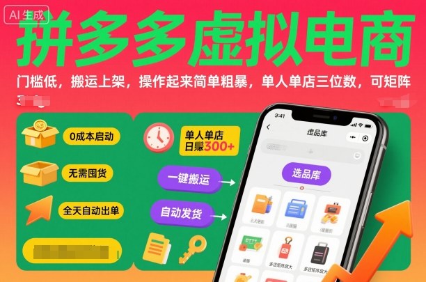 拼多多虚拟电商，门槛低，搬运上架，操作起来简单粗暴，单人单店三位数，可矩阵-网创项目