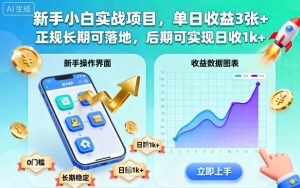 新手小白实战项目，单日收益3张+，正规长期可落地，后期可实现日收1k+【揭秘】-网创项目