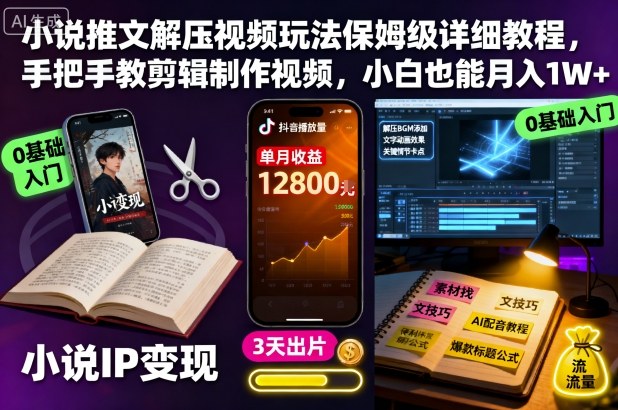 小说推文解压视频玩法保姆级详细教程，手把手教剪辑制作视频，小白也能月入1W+-网创项目