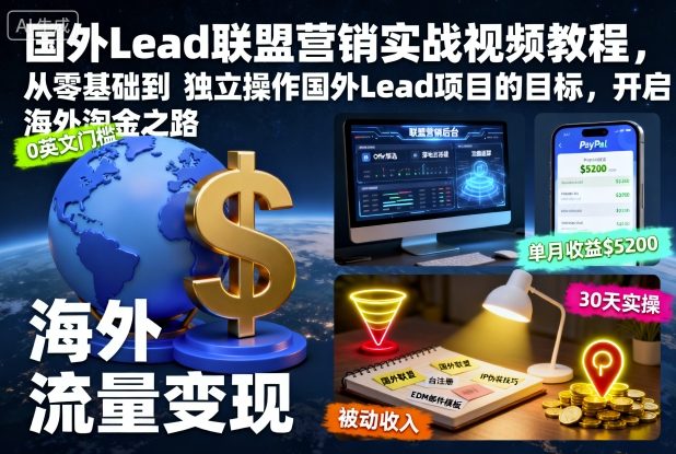 国外Lead联盟营销实战视频教程，从零基础到独立操作国外Lead项目的目标，开启海外淘金之路-网创项目