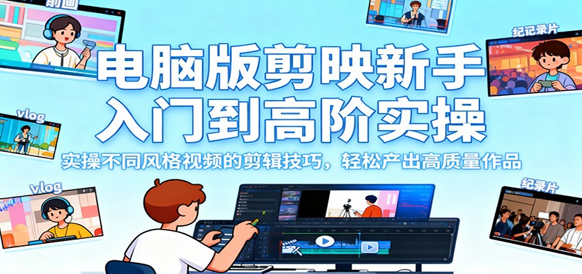 电脑版剪映新手入门到高阶实操，实操不同风格视频的剪辑技巧，轻松产出高质量作品-网创项目