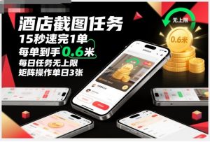 酒店截图任务，15秒速完1单，每单到手0.6米，每日任务无上限，全网首发玩法，矩阵操作单日3张【揭秘】-网创项目