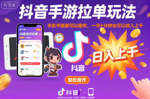 抖音手游拉单玩法，手机平板都可以操作，一天十分钟也可以收入上K【揭秘】-网创项目