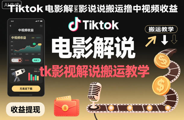 Tiktok电影解说搬运撸中视频收益，tk影视解说搬运教学-网创项目