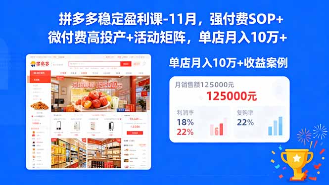 拼多多稳定盈利课-11月，强付费SOP+微付费高投产+活动矩阵，单店月入10w+-网创项目
