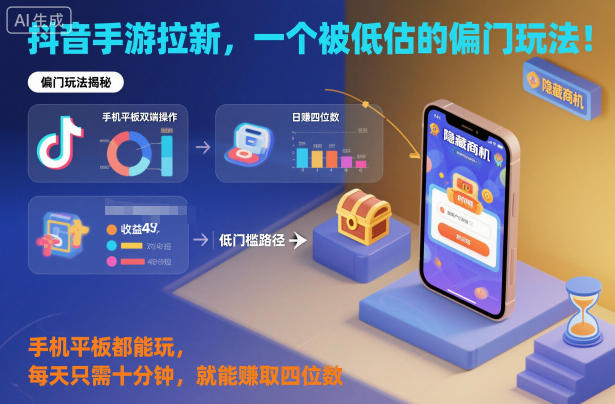 抖音手游拉新，一个被低估的偏门玩法！手机平板都能玩，每天只需十分钟，就能賺取四位数【揭秘】-网创项目