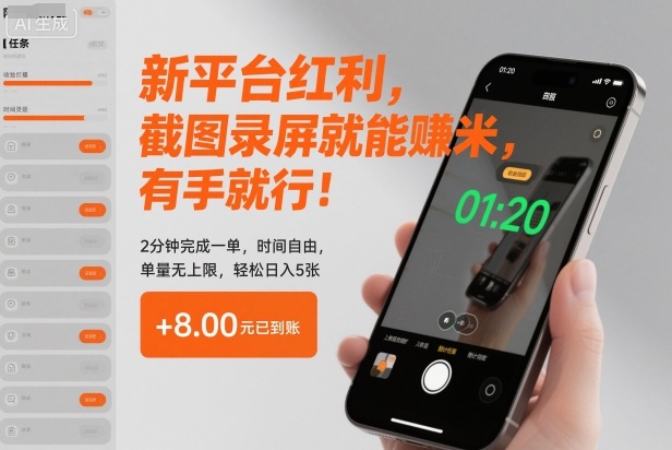 新平台红利，截图录屏就能賺米，有手就行！2分钟完成一单，时间自由，单量无上限，轻松日入5张【揭秘】-网创项目