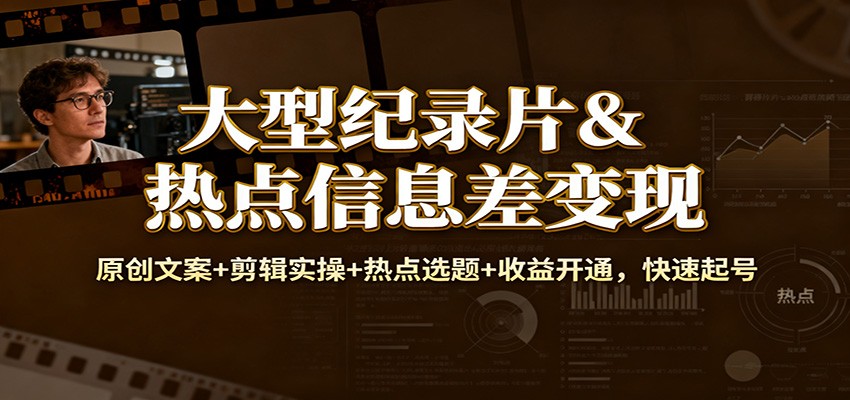 大型纪录片&热点信息差变现：原创文案+剪辑实操+热点选题+收益开通，快速起号-网创项目