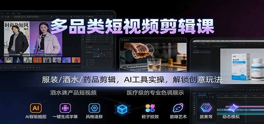 多品类短视频剪辑课：服装/酒水/药品剪辑，AI工具实操，解锁创意玩法-网创项目