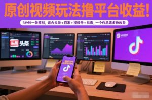 原创视频玩法撸平台收益，3分钟一条原创，适合头条+百家+视频号+抖音，一个作品吃多份收益-网创项目