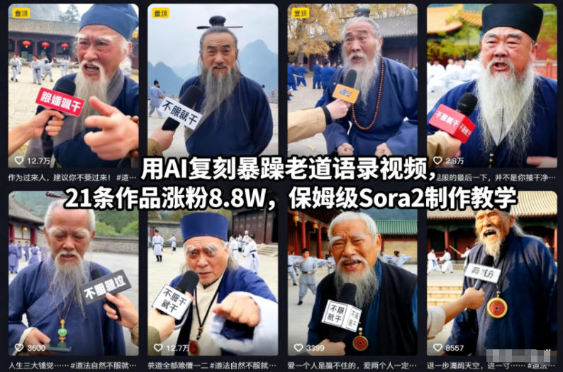 用AI复刻暴躁老道语录视频，21条作品涨粉8.8W，保姆级Sora2制作教学-网创项目