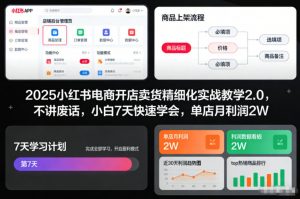 2025小红书电商开店卖货精细化实战教学2.0，不讲废话，小白7天快速学会，单店月利润2W-网创项目