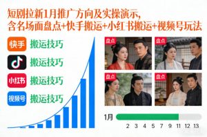 短剧拉新1月推广方向及实操演示,含名场面盘点+快手搬运+小红书搬运+视频号玩法-网创项目