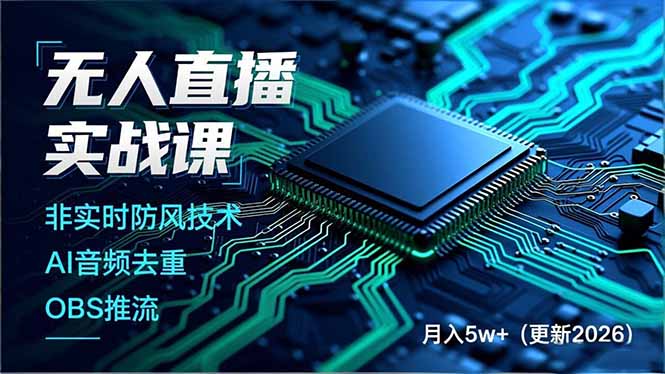 无人直播实战课，非实时防风技术、AI音频去重、OBS推流，建立技术壁垒，月入5w+(更新2026-网创项目