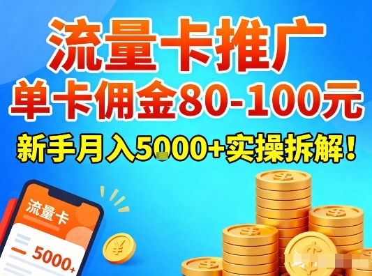 流量卡推广，单卡佣金80-100，新手月入5k+实操拆解！-网创项目