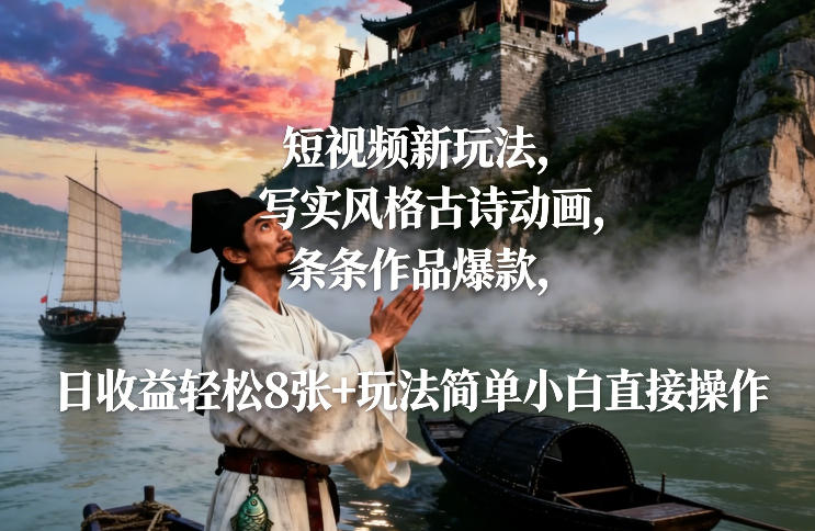 短视频新玩法，写实风格古诗动画，条条作品爆款，日收益轻松8张+玩法简单小白直接操作-网创项目