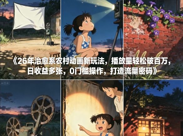 26年治愈系农村动画新玩法，播放量轻松破百万，日收益多张，0门槛操作，打造流量密码-网创项目