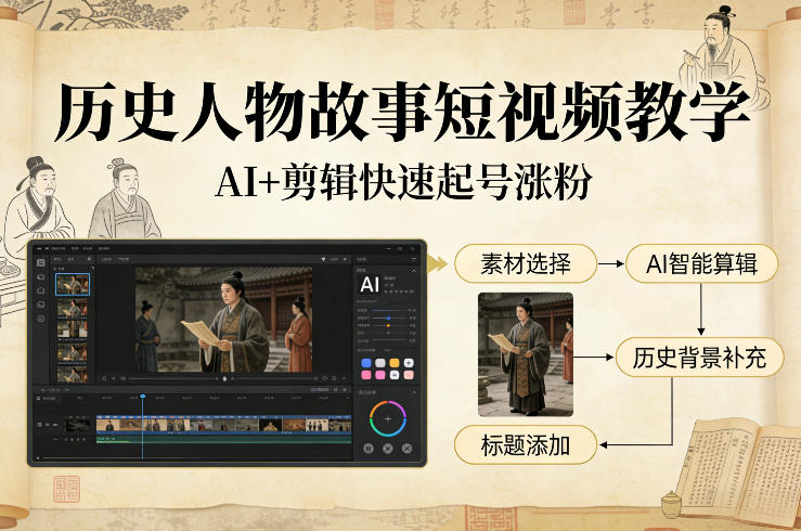 历史人物故事短视频教学，AI+剪辑制作历史人物题材短视频，快速起号涨粉-网创项目