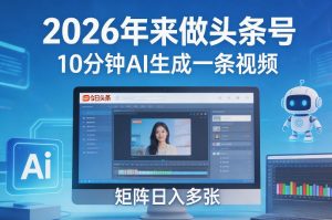 2026年来做头条号，10分钟AI生成一条视频，矩阵日入多张-网创项目