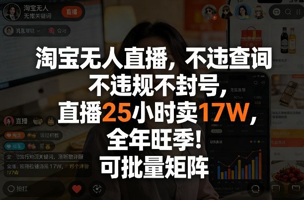 淘宝无人直播，不违规不封号，直播25小时卖17W，全年旺季！可批量矩阵【揭秘】-网创项目