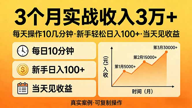 3个月实战收入3万+，每天操作10几分钟，新手轻松日入100+，当天见收益-网创项目