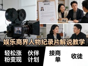 娱乐商界人物纪录片解说教学，轻松涨粉变现，伙伴计划，接商单，收徒等-网创项目