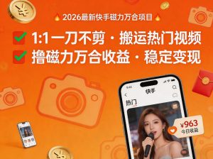 2026年最新快手磁力万合项目，1比1一刀不剪搬运热门视频，撸磁力万合收益-网创项目