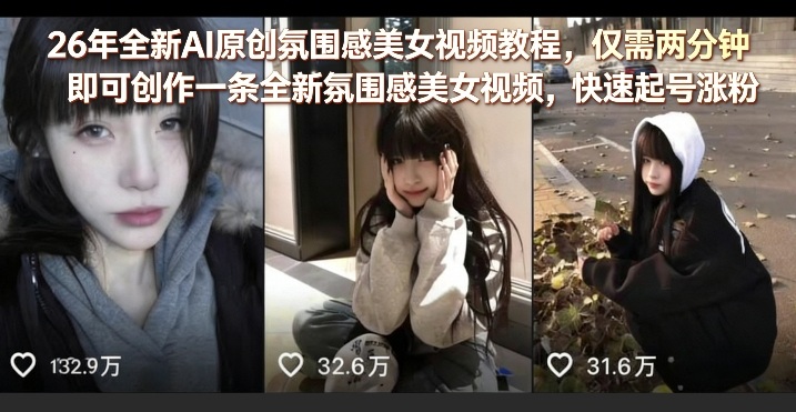 26年全新AI原创氛围感美女视频教程，仅需两分钟即可创作一条全新氛围感美女视频，快速起号涨粉-网创项目