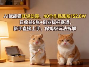 AI赋能猫咪轻动漫，40个作品涨粉152.8W，日收益5张+副业标杆赛道，新手直接上手，保姆级玩法拆解-网创项目
