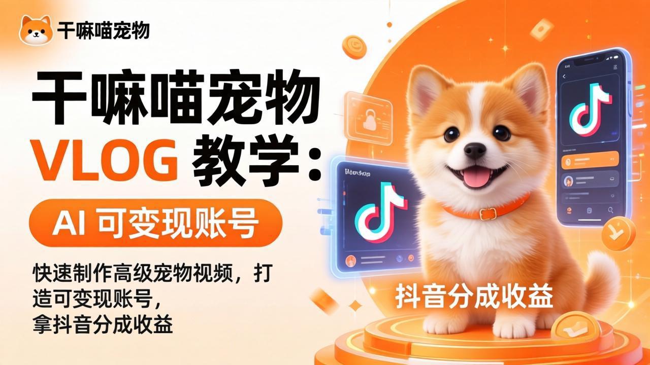 干嘛喵宠物 VLOG 教学：AI 快速制作高级宠物视频，打造可变现账号，拿抖音分成收益-网创项目