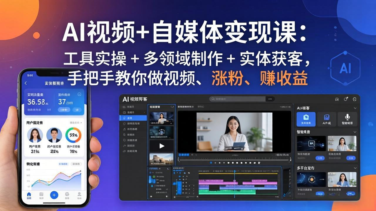 AI视频+自媒体变现课：工具实操 + 多领域制作 + 实体获客，手把手教你做视频、涨粉、赚收益-网创项目