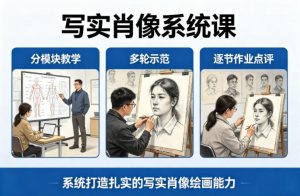 写实肖像系统课,全程分模块教学+多轮示范+逐节作业点评,系统打造扎实的写实肖像绘画能力-网创项目
