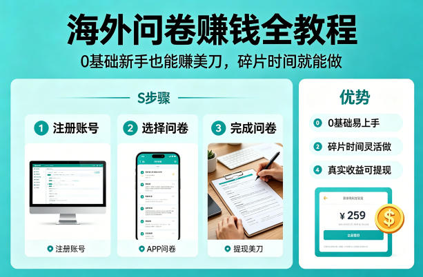 海外问卷賺钱全教程，0基础新手也能賺美刀，碎片时间就能做-网创项目