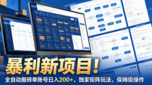 暴利新项目！全自动搬砖单账号日入200+，独家矩阵玩法，保姆级操作【揭秘】-网创项目